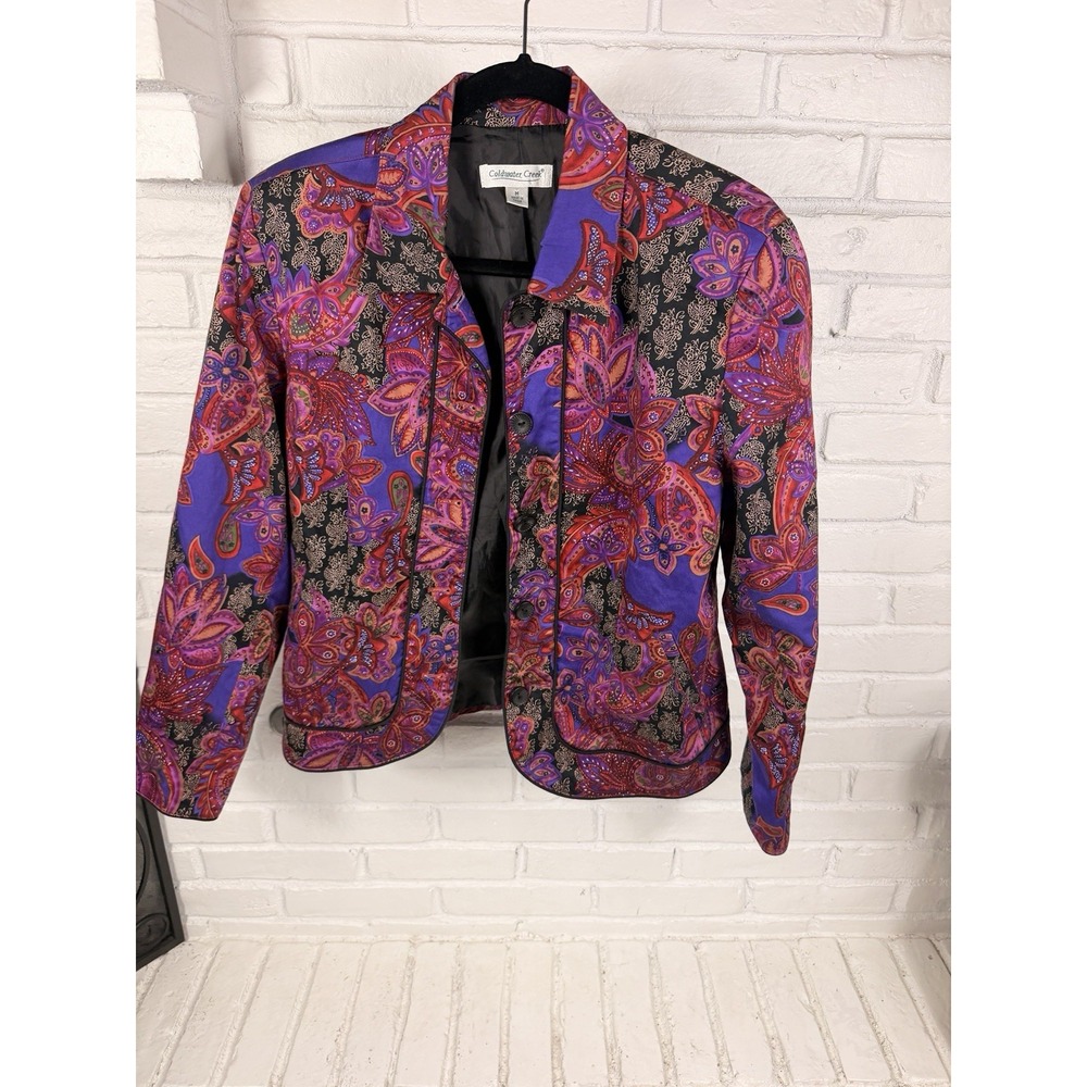 Coldwater Creek Womens M Purple Paisley Blazer Jacket Boho Floral Statement